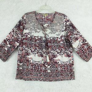 Tanzara Womens Blouse Paisley Print Mesh Overlay White 3/4 Sleeve‎ Tie Neck L